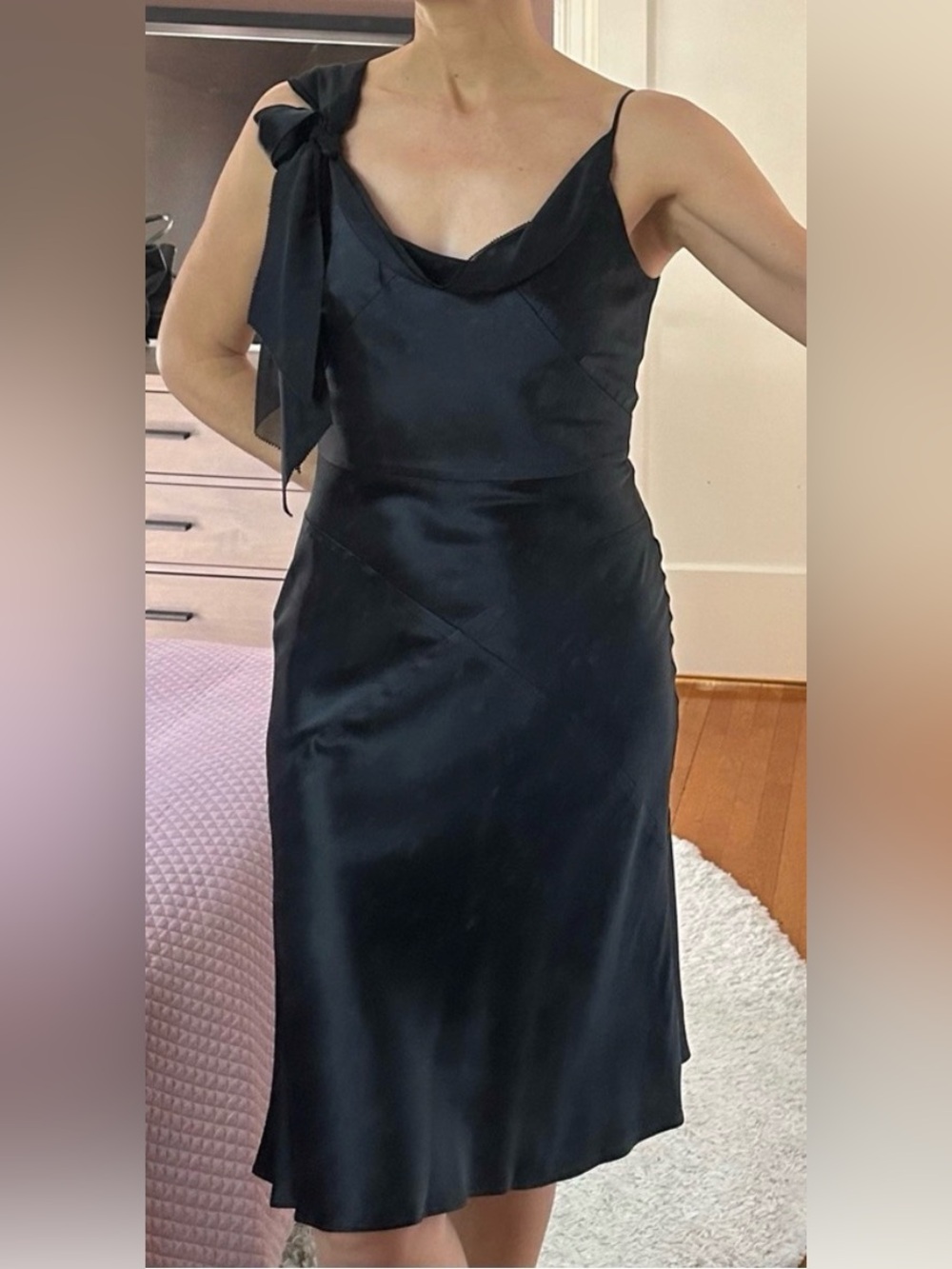 BCBGMaxAzria Black Midi Silk Slip Dress with Cowl Neck and Tie Straps 12
